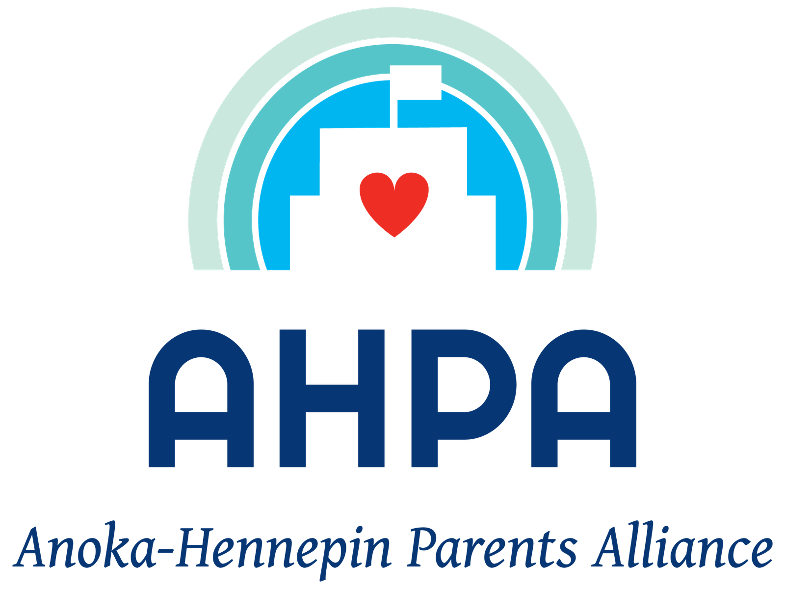 Logo for Anoka-Hennepin Parents Alliance (AHPA) with blue AHPA text and a teal arc symbol containing a red heart; full name shown below in script.